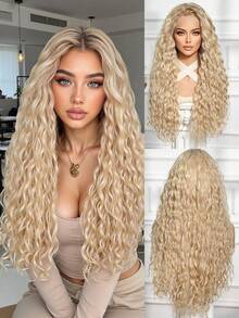 长款中长卷发，多层发型，合成自然假发，蕾丝前假发，13*4，手工编织蕾丝，化纤发丝，日常，进口丝绸，派对，婚礼，音乐节，万圣节礼物 - 金色 - 查看 1