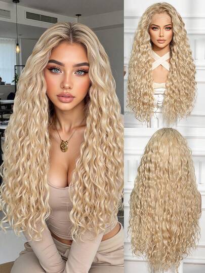 长款中长卷发，多层发型，合成自然假发，蕾丝前假发，13*4，手工编织蕾丝，化纤发丝，日常，进口丝绸，派对，婚礼，音乐节，万圣节礼物