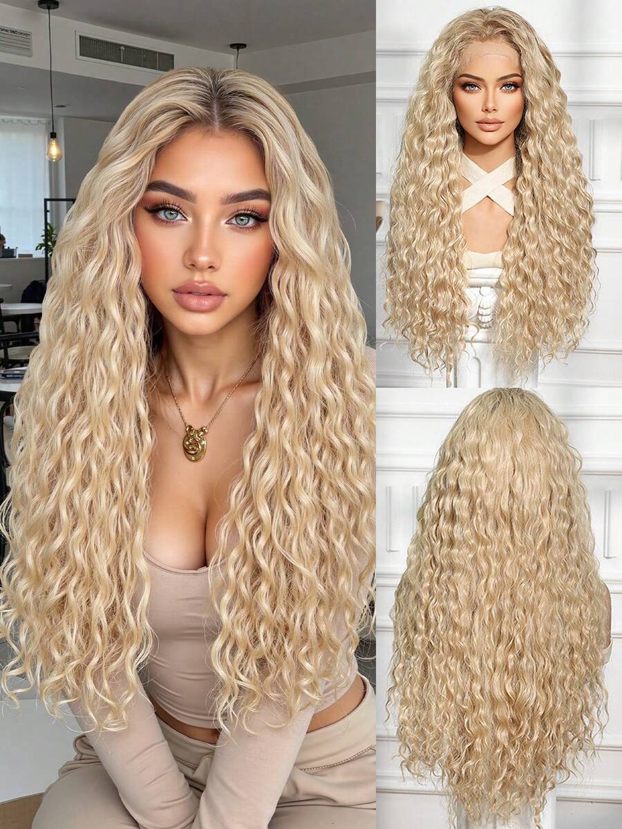长款中长卷发，多层发型，合成自然假发，蕾丝前假发，13*4，手工编织蕾丝，化纤发丝，日常，进口丝绸，派对，婚礼，音乐节，万圣节礼物 - 金色 - 查看 1