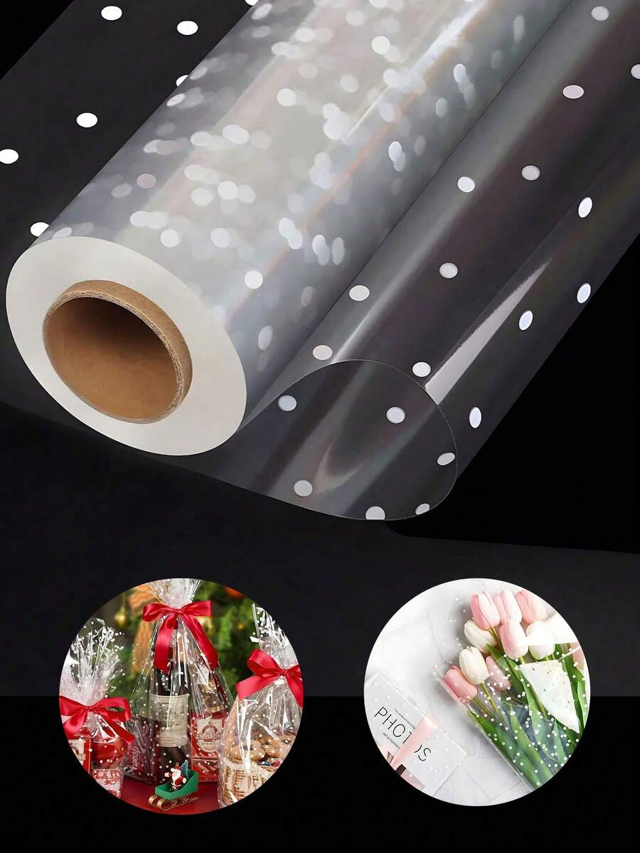 1 pieza Rollo de envoltura de celofán transparente con lunares blancos, rollo de celofán - 15.75x590.55 pulgadas papel de envoltura transparente, papel de celofán para múltiples ocasiones, diseño de lunares blancos para cestas de regalo, flores y decoración navideña, regalos festivos, ramos, manualidades y artesanía, película plástica resistente a los desgarros, obsequios y manualidades DIY, embalaje de regalos, graduación y Día de la Madre - Blanco - Ver 1
