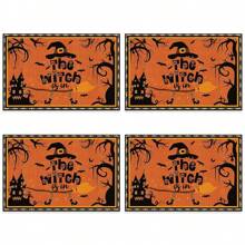 1 pieza/4 piezas Manteles individuales de lino de Halloween, manteles individuales para el desayuno o la cena, accesorios de cocina, fáciles de limpiar, aptos para fiestas de Halloween, mesa de comedor, hogar, restaurante, decoración de restaurante, con diseños de calabaza, bruja y fantasma