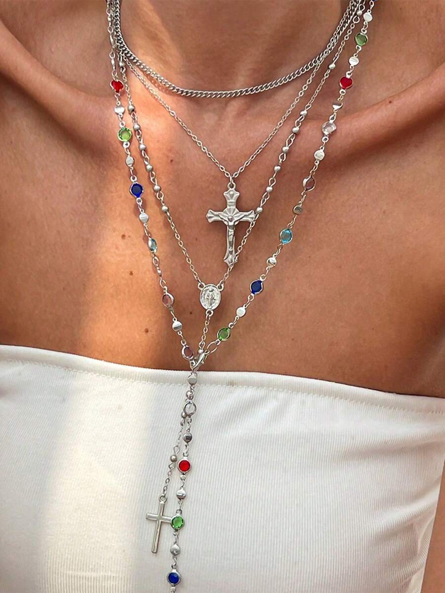 4pcs Fashionable Colorful Chain Necklace Set, Y-Shaped & Cross Pendant Long Necklaces, Suitable For Travel, Dating, Party - Multicolor - View 1