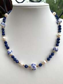 1 pieza Collar de piedra natural con flor de cerámica y perlas falsas, estilo bohemio, collar de cerámica azul, adecuado para uso diario de mujeres, citas, fiestas, vacaciones en la playa, regalo de joyería