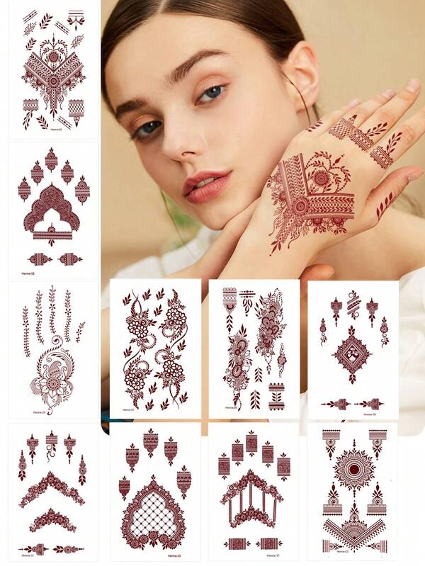 2/3 ورقة لوشم الحناء المؤقت للأيدي - تصميمات مهندي بنية مقاومة للماء ،فن جسم مؤقت واقعي لحفلات/حفلات زفاف (يدوم لمدة 5-7 أيام) ، ملصق وشم لتزيين حفلات النساء بتصميمات مهندي