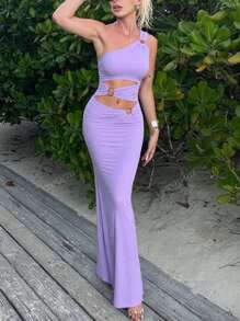 Edgy Cutout Asymmetrical Shoulder Solid Color Hollow-Out Backless Dress
