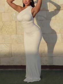 Summer Elegant Slanted Shoulder One Shoulder Solid Color Slim Fit Dress - Apricot - View 4