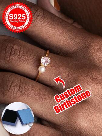 S925 Sterling Silver Custom Birthstone Ring With Faux Pearl - A Delicate And Personalized Gift For Friends, Or Family.