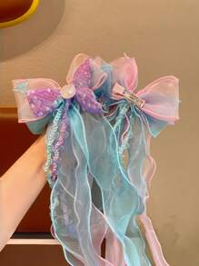 1pc Women's Ombre Glitter Hair Clip, Mermaid Princess Style Chiffon Bowknot Streamer Barrette Without Card
