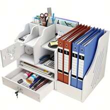 1 Pc Desk Organizer With Drawer And Pen Holder, File Paper Tray, Desktop Storage Organizer, Office Supplies Organizer,School Supplies,Back To School - White - View 3
