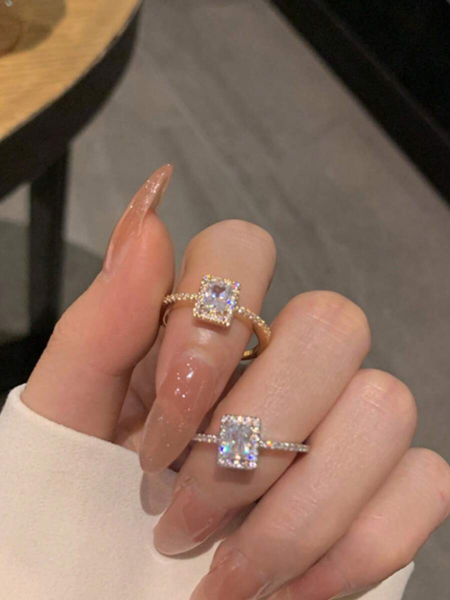 1 件奢华方晶锆石镶嵌方形戒指，适合婚礼、联欢会、音乐节和节日 - 小方鑽戒指 - 查看 1