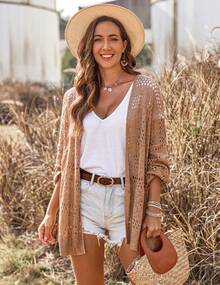 Summer Lightweight Crochet Cardigan For Women, Coquette Hollow Out Open Front Long Sleeve Cardigan Sweater, Casual Comfort, Fashion Outerwear - 黃色 - 查看 4