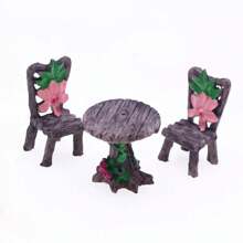 6 Peças Conjunto Mágico de Mesa e Cadeira Mini, Kit de Móveis de Jardim de Fadas com Flores Rosas e Folhas Verdes, Resina ABS Durável - Perfeito para Casas de Bonecas, Cenas em Miniatura e Artes e Artesanato, Acessórios de Jardim de Fadas
