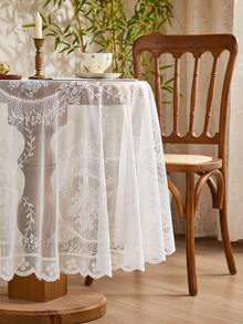 1 peça Toalha de Mesa Redonda de Renda Francesa Branca, Toalha de Mesa Redonda Estilo Francês Minimalista com Floral, Adequada para Decoração da Sala de Estar, Quarto, Cozinha, Mesa de Centro, Móvel de TV - Branco - Visão 4