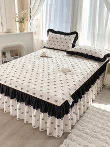 3pcs Bedding Set (1pc Bed Skirt + 2pcs Pillow Cases), Cute Romantic Floral & Bow Design With Double Ruffled Skirt, Elegant French Style, Suitable For Queen/Twin Bed, All Season