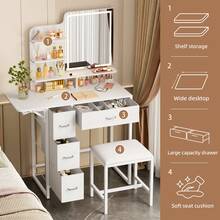 Tomnk Makeup Vanity Desk With Mirror And Lights, Vanity With 4 Fabric Storage Drawer & Chair & Shelves, White Vanity With Fold-Up Panel And Power Outlet For Bedroom, Bedroom Furniture (Mirror Light Strip Powered By USB Interface) - Xem 3
