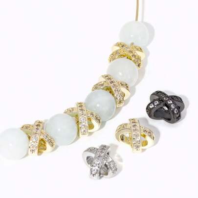 18K Gold Plated Brass Inlaid Zirconia X-Shaped Porous Spacer Beads,Beads Separator,For DIY Jewelry Making Accessories Wholesale