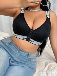 Plus Size Women's Front Closure Wireless Bra With Silver Ribbon