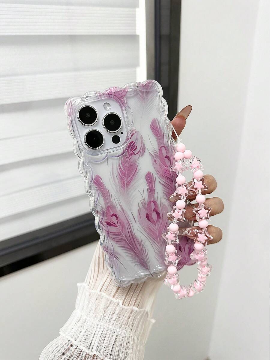 Ốp lưng điện thoại TPU chống rơi, thiết kế sóng đan thanh lịch, họa tiết hoa và lông vũ, kèm vòng tay hạt cườm thủ công, tương thích với iPhone 16/11/16Pro/16Plus/16ProMax/16e/15ProMax/13/14/12/XS/XR/7G/8PXR/7/8, tương thích với iPhone 15ProMax, 13, 14, 12/14. - Nhiều màu - Xem 1