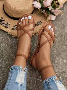 New Fashionable Plus Size Criss-Cross Strap Buckle Versatile Sandals - Brown - View 9