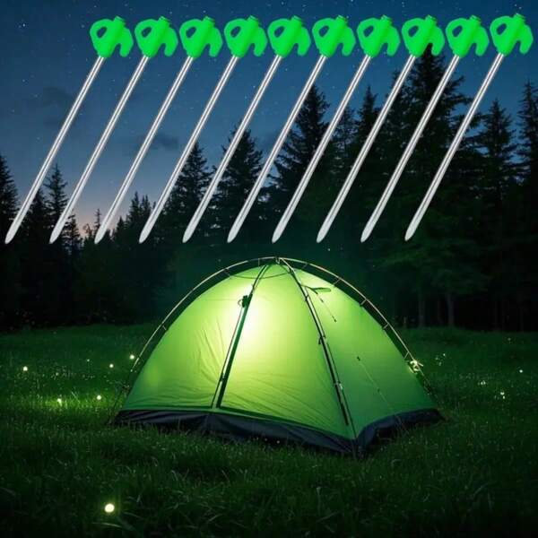 10 Stücke/20 Stücke schwere Edelstahl Zeltheringe, 20cm leuchtend grüne Bodenhülsen für Camping, Sonnenschutz, Regenmäntel und Outdoor-Dekoration - Sichtbarkeit bei Nacht, sichere Zeltverankerungen für alle Wetterbedingungen, Campingzelt