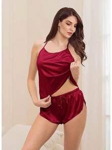 4Pcs Womens Silk Pajama Sets Satin Pajamas Set Sexy Cami Lingerie Pjs Nightwear Silky Pj Loungewear Sleepwearhalloween - Dark Red - 查看 4