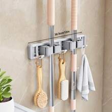 1pc Wall-Mounted Metal Broom Holder Rack With Adjustable Hooks, Suitable For Bathroom, Kitchen, Garden, Laundry Room, Garage Storage Organizer - Powder Coated Surface, Space-Saving Rack For Broom, Mop, Tools, Shelves