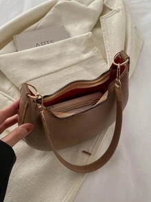 1 件咖啡棕色拼色新月形 PU 女士单肩腋下手提包，时尚简约设计，秋冬 - 卡其色 - 查看 6