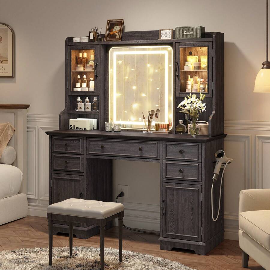 EnHomee Farmhouse Vanity Desk With LED Lighted Mirror, Makeup Vanity Table With RGB Cabinets And Lots Storage, 5 Drawers And 6 Storage Shelves For Bedroom And Dressing Room, Black - 美規A型插(110-127V) - 查看 1
