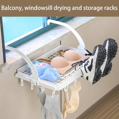 Secadora premium sin taladro para balcón y repisa de ventana, secadora de ropa de varios niveles para prendas, lencería, suéteres y zapatos, con marco de metal duradero y recubrimiento resistente a la oxidación, diseño ahorra espacio con estantes ventilados, ideal para apartamentos urbanos y días soleados de lavandería, mejora la organización del armario y la estética de la habitación, solución de secado versátil para atuendos estacionales, instalación rápida, estable, rejilla que promueve el flujo de aire para secar y refrescar las telas