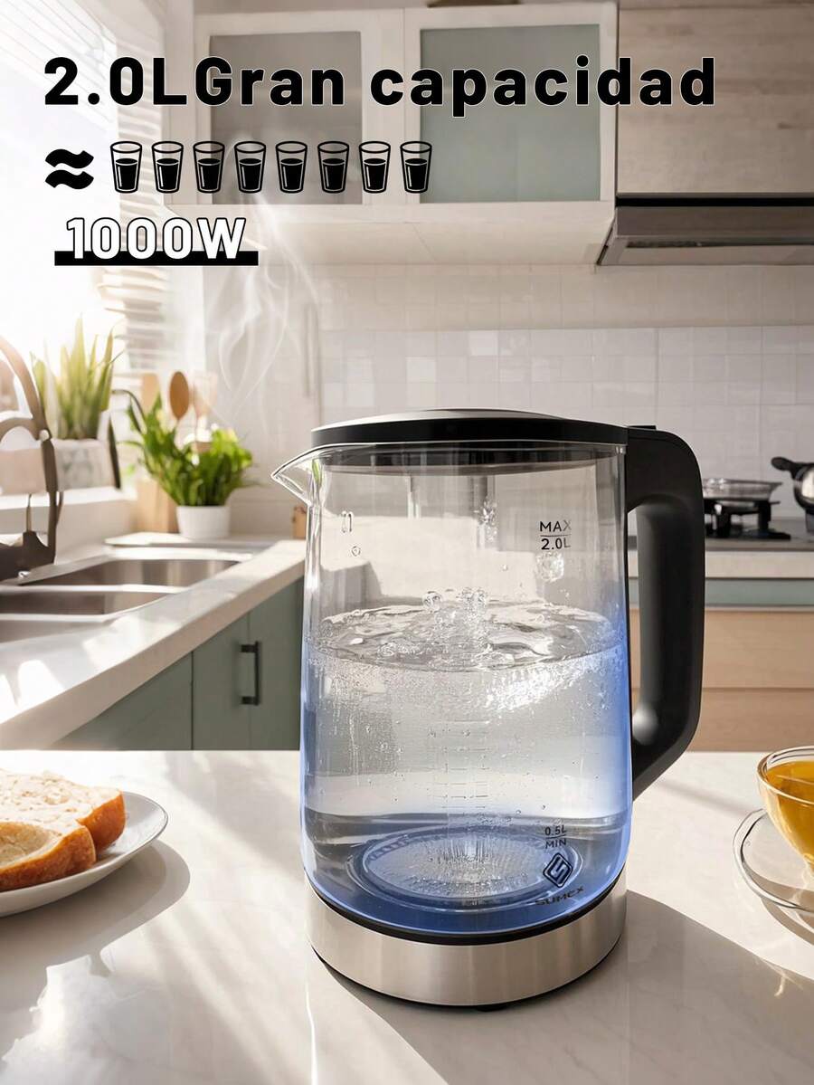 Electric Kettle, Electric Teapot, Cordless Jug, 2 Liters, 1000 W, Stainless Steel, Durable, Boils Water In Minutes, Removable Base, - Clear - View 1
