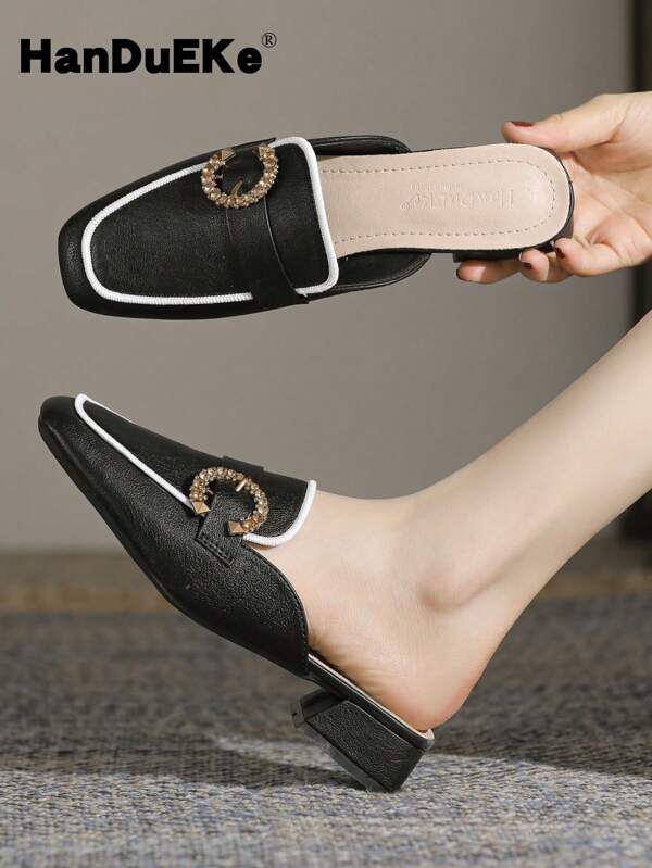 Women Chunky Heel Backless Mule Loafers, 2025 Spring Summer New Comfortable Retro Slip-On Shoes
