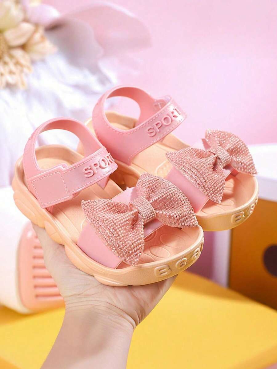 一双可爱夏季蝴蝶结儿童凉鞋，新款软底轻便时尚婴儿沙滩拖鞋 - 粉色 - 查看 1