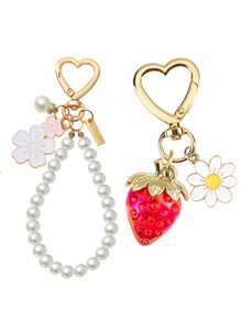 2 Pieces Strawberry & Cherry Blossom Keychain Set - Cute Floral Bag Charm Gift For Women & Girls