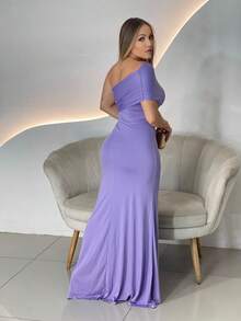Long Women's Party And Event Dress, Elegant, Bridesmaids And Guests, Fluidity Knit With Lined Cups, One Shoulder, One-Sided, Zero Sleeves - 紫丁香色 - 查看 2