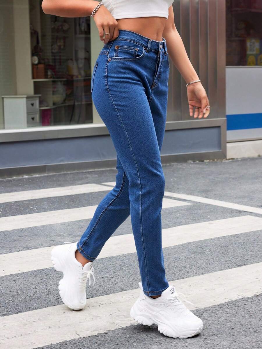 Pantalones Corte Mom Denim Estilo Auténtico - Azul - Ver 1