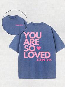 You Are A Love Printed Retro Washed T-Shirt, 230G Retro Street Style. Simple And Versatile, Pure Cotton Is Of High Quality, Novel And Fashionable, And It Is A Must-Have Fashion T-Shirt For Spring And Summer. - 寶藍色 - 查看 1