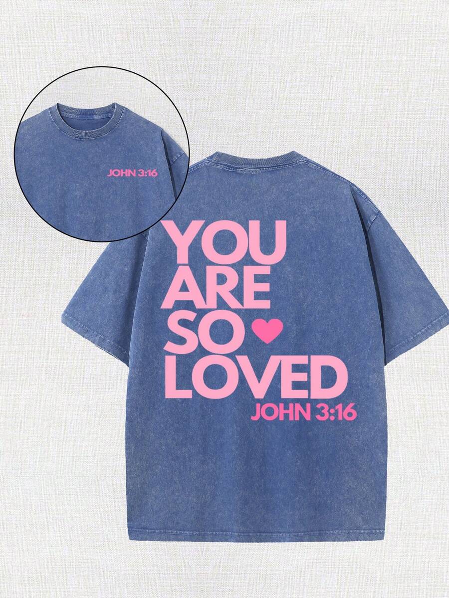 You Are A Love Printed Retro Washed T-Shirt, 230G Retro Street Style. Simple And Versatile, Pure Cotton Is Of High Quality, Novel And Fashionable, And It Is A Must-Have Fashion T-Shirt For Spring And Summer. - 寶藍色 - 查看 1