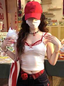 女式二合一蕾丝吊带背心，明亮夏日，带衬垫胸罩和短款上衣