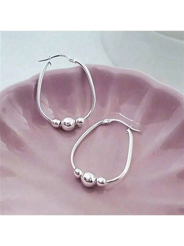 1 Pair Of Silver Versatile 3 Bead Hoop Earrings, Pendant Hoop Earrings For Women, Delicate Earrings