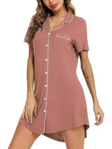 Women's Nightgowns Short/Long Sleeve Button Down Sleep Shirts Maternity Nursing Sleepwear, Comfy And Fashionable - 短袖-蓮花粉紅色 - 查看 4