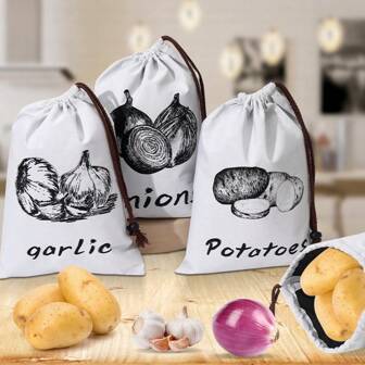 Set de 3 bolsas de almacenamiento para patatas/cebollas/ajos - Para mantener ordenada la cocina - Almacenamiento organizado - Retrasa el brotado