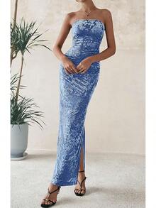 Women's Summer Maxi Tube Dress Strapless Side Slit Long Floral Bodycon Dress Elegant Party Cocktail Dresses - Blue - View 4