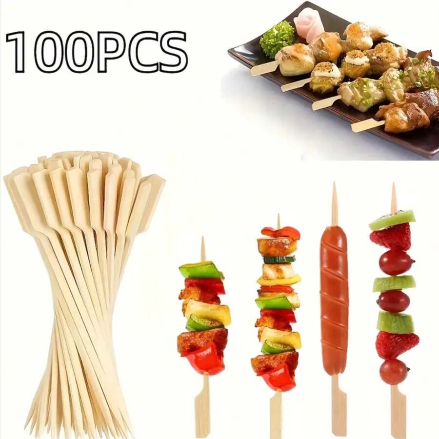 100 件竹签 - 宽扁木签，适用于烧烤、烤肉、开胃菜和熟食 - 适合家庭晚餐、三明治、水果鸡尾酒等 - 熟食配件 | 装饰性烤串 | 木签、竹签 - 彩色 - 查看 1