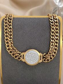 1 pieza Brazalete de cadena con cara de reloj de acero inoxidable con baño de oro y circonita con corte de diamante para mujeres: Lujo de dos capas, Eslabones de CZ, Regalo para mamá, Regalo para maestro, Esencial para playa, viajes y fiestas de verano, Accesorio para rave/baile de graduación/fiesta/diario, Joyería dorada, Regalo de vuelta a la escuela, Regalo de cumpleaños