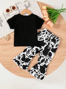 2pcs Baby & Toddler Girls' Casual Cute Puff Sleeve Letter Print T-Shirt And Cow Print Bow Hem Pants Set, Spring/Summer
