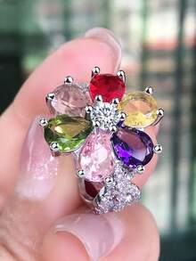 1 pieza Anillo colgante de flor con cristales de arcoíris incrustados lujosamente, adecuado para uso diario, elegantes fiestas, bodas, vacaciones, regalo perfecto para mujeres - Multicolor - Ver 7