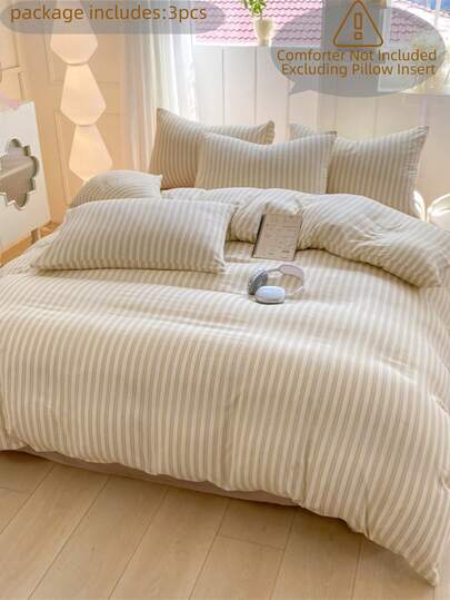 3 件套加厚涤纶简约格子条纹图案床上用品套装，适合男孩和女孩宿舍，宿舍装饰（1 件羽绒被套、2 件枕套，不含填充物）