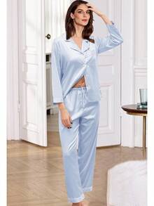 4Pcs Womens Silk Pajama Sets Satin Pajamas Set Sexy Cami Lingerie Pjs Nightwear Silky Pj Loungewear Sleepwearhalloween - Azure - 查看 5