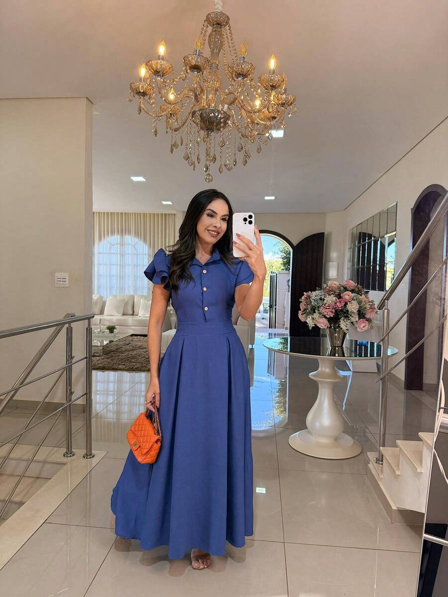 Elegant Long Dress With Puff Sleeves And Front Buttons – Sophisticated Look For Parties And Events - Blue - View 1