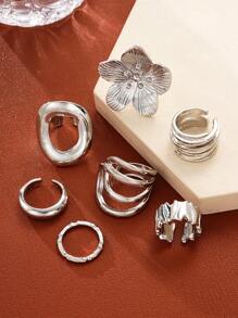 Set de 12/7 piezas de anillos de joyería gruesos y geométricos de estilo vintage con flores de metal simple, adecuados para vacaciones, playa, citas, uso casual diario y fiestas
